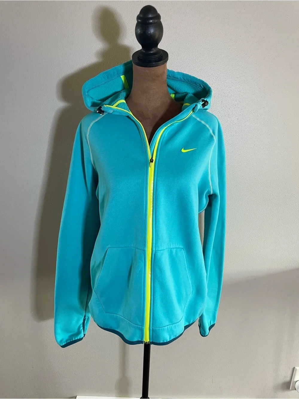 Nike Women’s Teal Zip-Up Hooded Jacket with Neon Yellow Trim